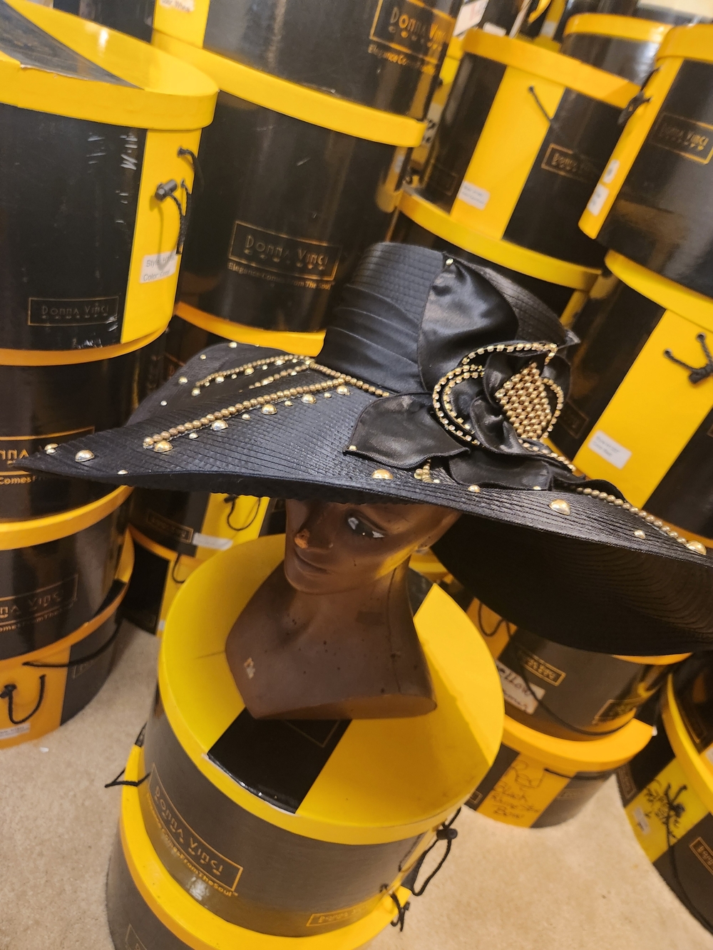 Donna Vinci Couture Black Gold Embellished Wide Brim Church Hat